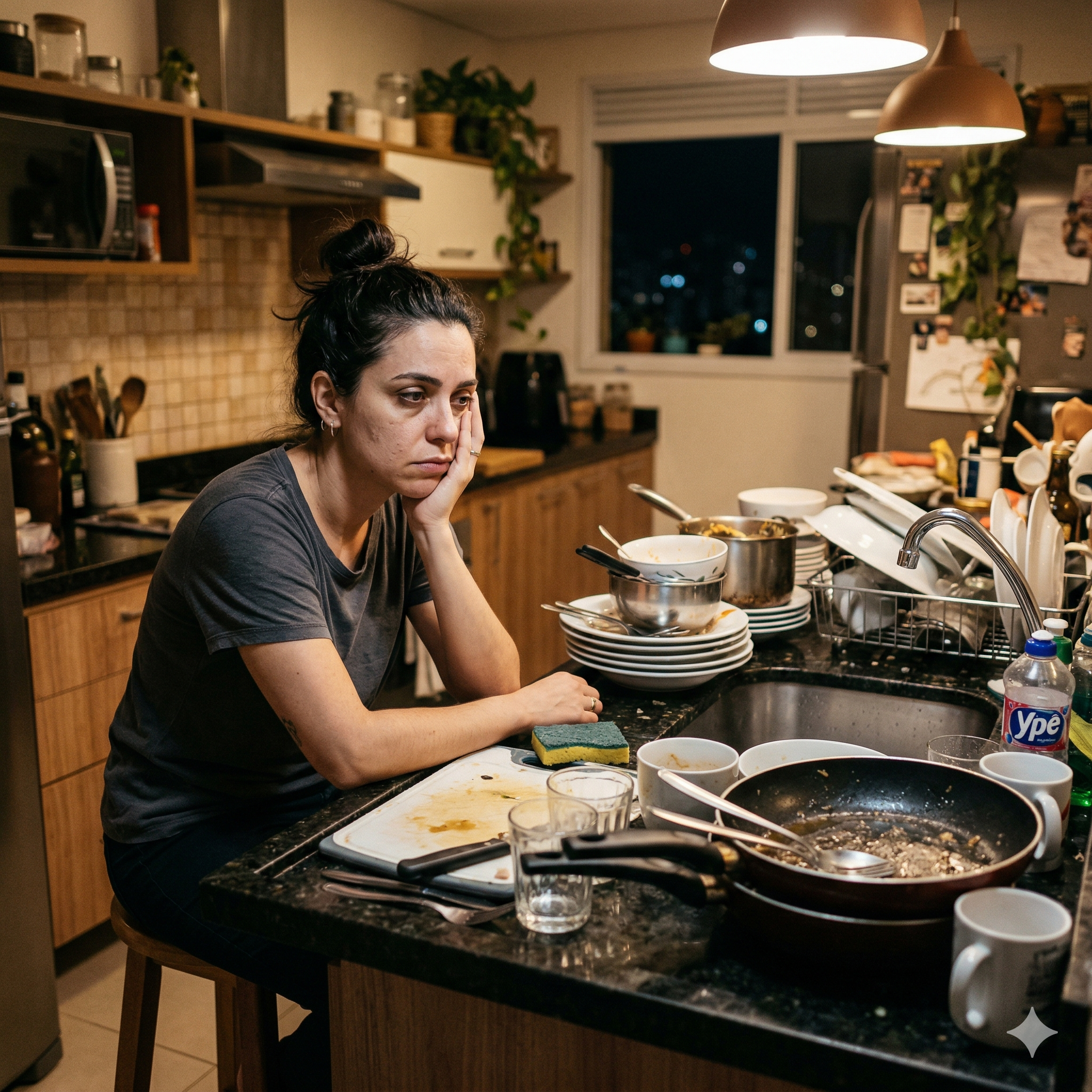 Mulher cansada na cozinha